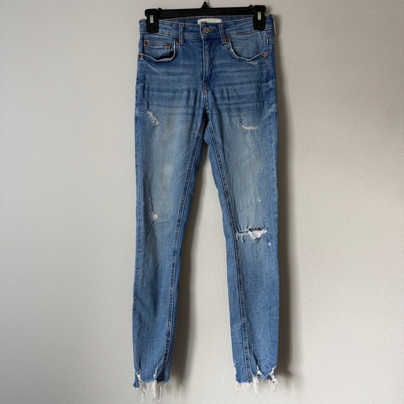 Zara Denim - Zara The Skinny Distressed High Rise Jeans Blue Medium Wash Raw Hem Size‎ 4